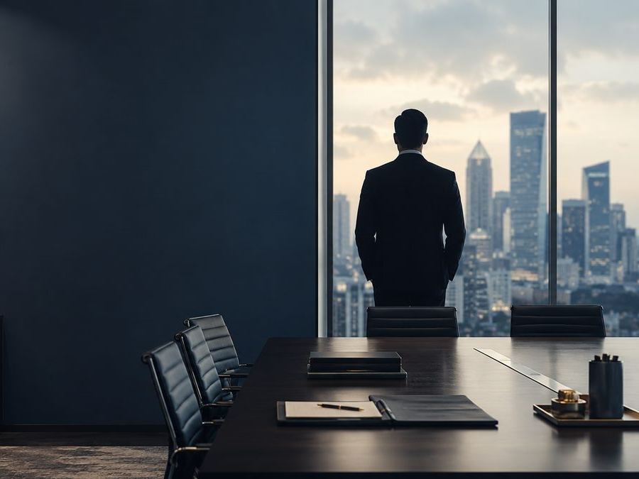 Executive overlooking the city from a boardroom