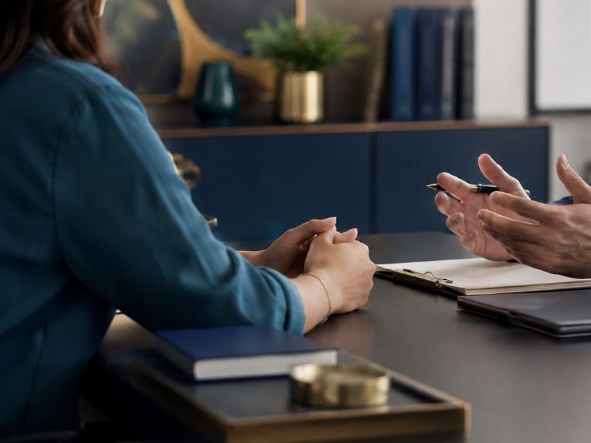 Two people in conversation across a desk