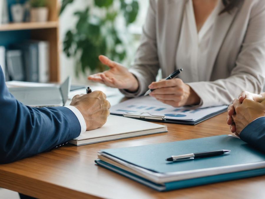 Trois personnes en réunion autour d'une table avec des documents