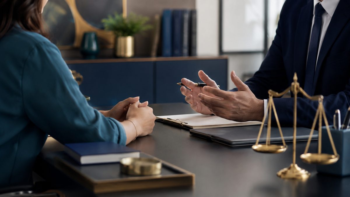 Counsel advising a client across a desk