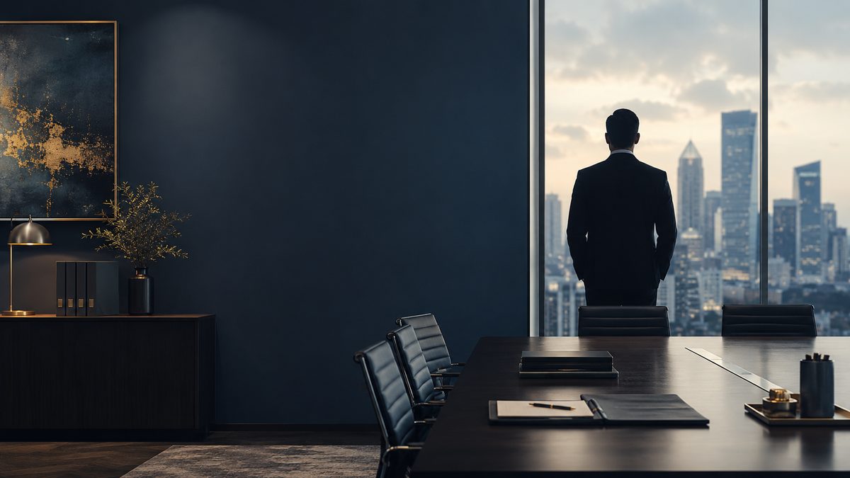 Executive overlooking the city from a boardroom